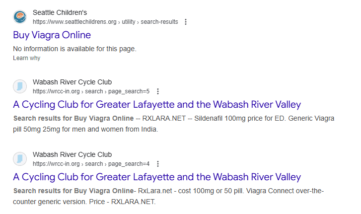 Example of pharma spam pages appearing in Google search results