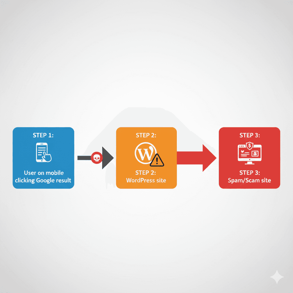 WordPress redirect malware diagram showing how visitors are hijacked