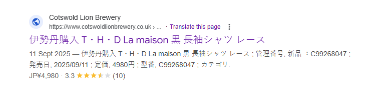 Search results showing Japanese SEO spam pages on a hacked site