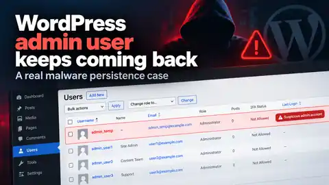 Illustration of a WordPress users screen with a suspicious administrator account highlighted